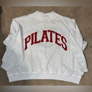 Bucket List Gray Sweatshirt with Red 'PILATES' Graphic S/M very OVERSIZED